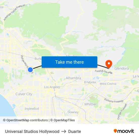 Universal Studios Hollywood to Duarte map