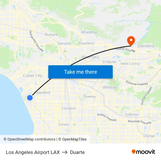 Los Angeles Airport LAX to Duarte map