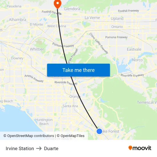 Irvine Station to Duarte map
