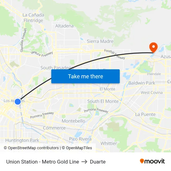 Union Station - Metro Gold Line to Duarte map