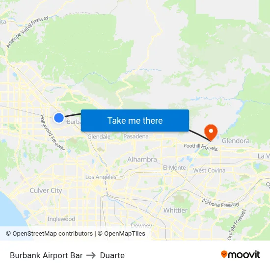 Burbank Airport Bar to Duarte map