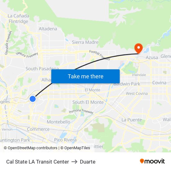 Cal State LA Transit Center to Duarte map