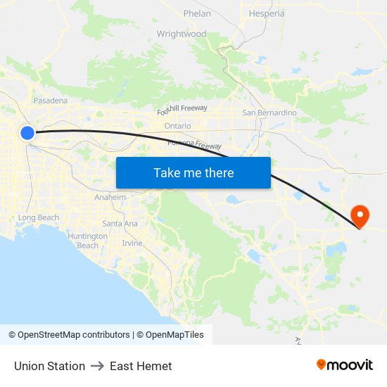 Union Station to East Hemet map