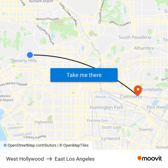 West Hollywood to East Los Angeles map