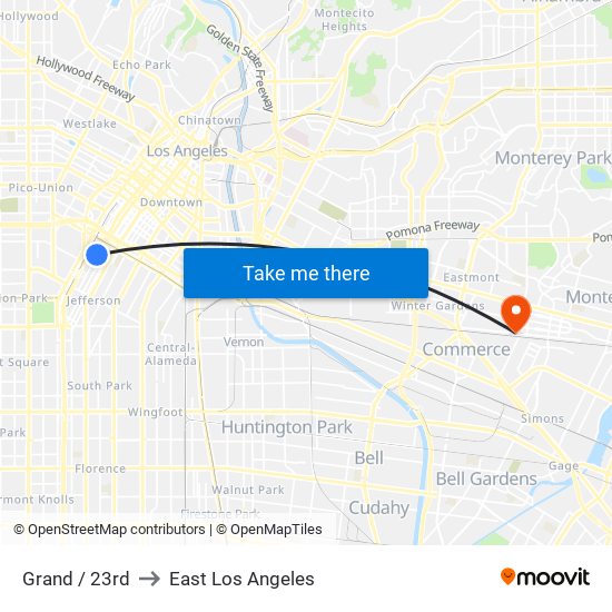 Grand / 23rd to East Los Angeles map