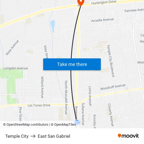 Temple City to East San Gabriel map