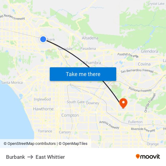 Burbank to East Whittier map