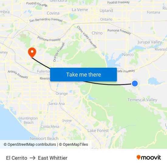 El Cerrito to East Whittier map