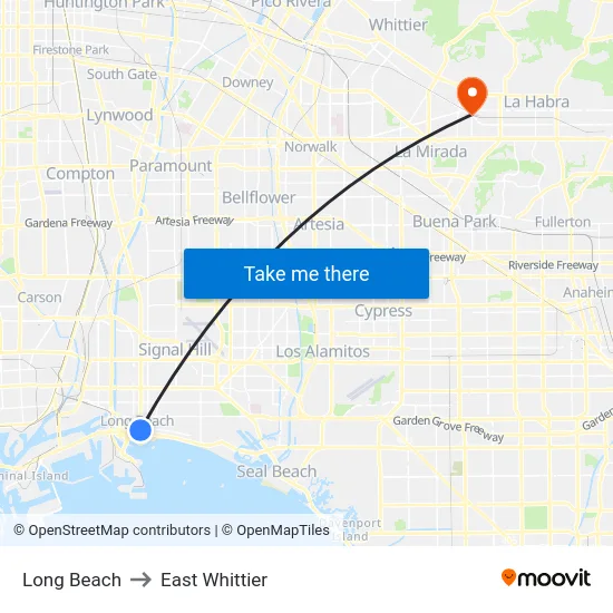Long Beach to East Whittier map