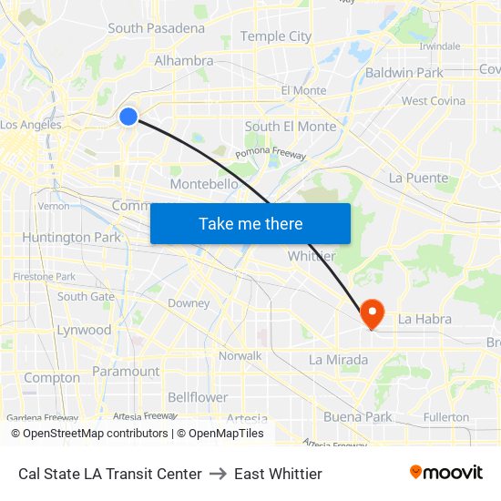 Cal State LA Transit Center to East Whittier map