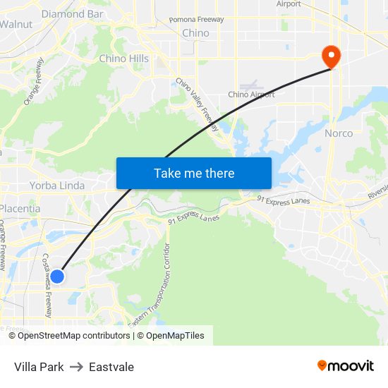 Villa Park to Eastvale map