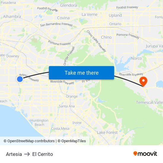 Artesia to El Cerrito map