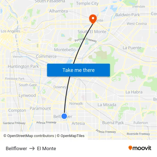 Bellflower to El Monte map