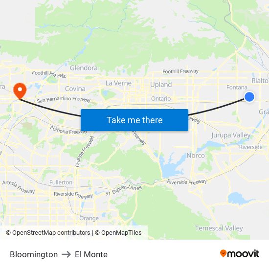 Bloomington to El Monte map