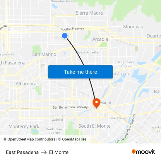 East Pasadena to El Monte map
