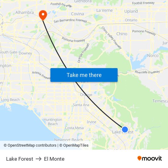 Lake Forest to El Monte map