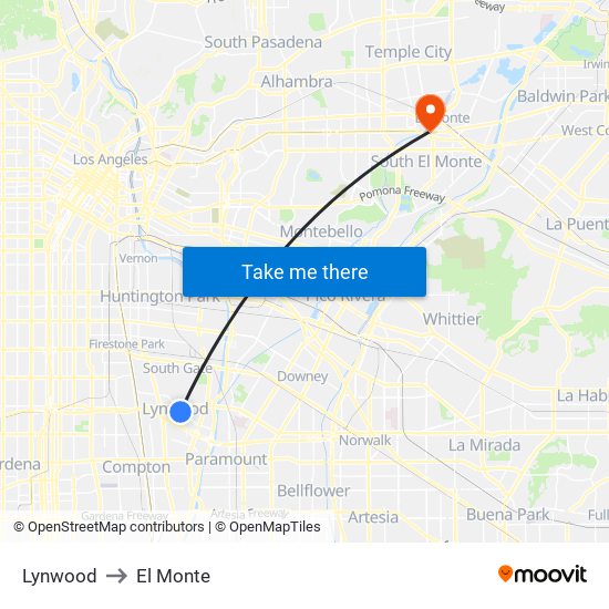 Lynwood to El Monte map