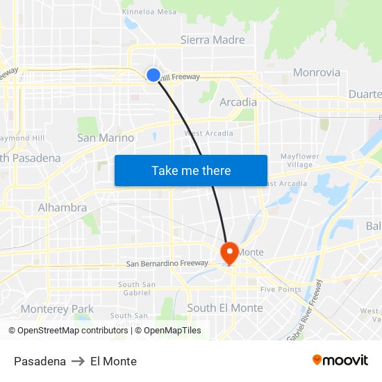 Pasadena to El Monte map