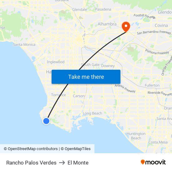 Rancho Palos Verdes to El Monte map