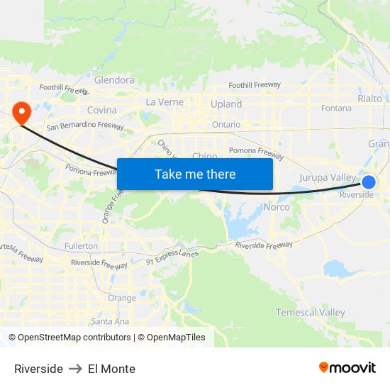 Riverside to El Monte map