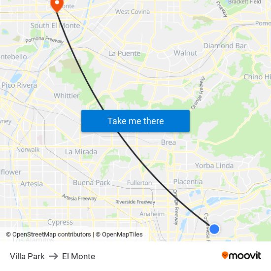 Villa Park to El Monte map