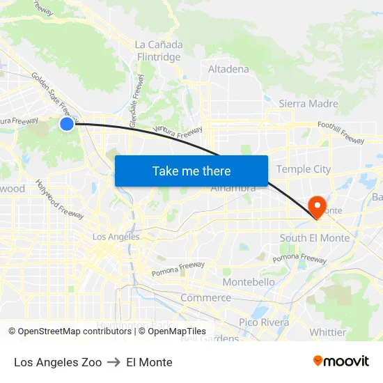 Los Angeles Zoo to El Monte map