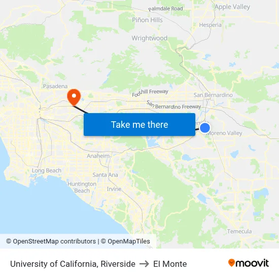 University of California, Riverside to El Monte map