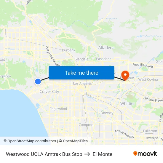 Westwood UCLA Amtrak Bus Stop to El Monte map