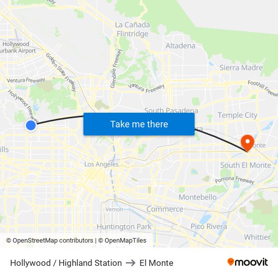 Hollywood / Highland Station to El Monte map