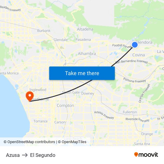 Azusa to El Segundo map