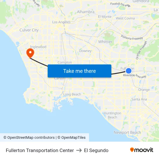 Fullerton Transportation Center to El Segundo map