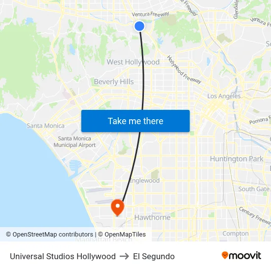 Universal Studios Hollywood to El Segundo map