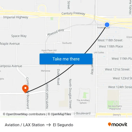 Aviation / LAX Station to El Segundo map