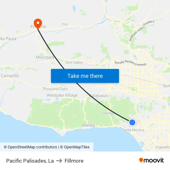 Pacific Palisades to Fillmore map
