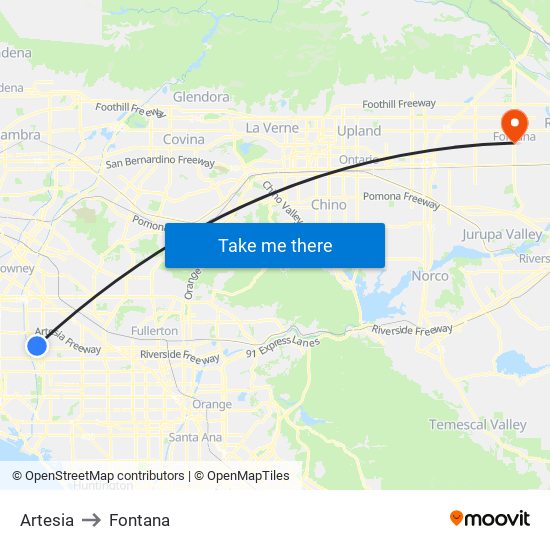 Artesia to Fontana map