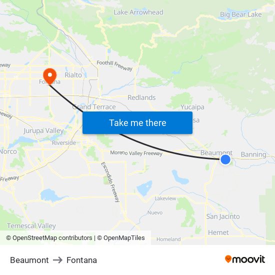 Beaumont to Fontana map