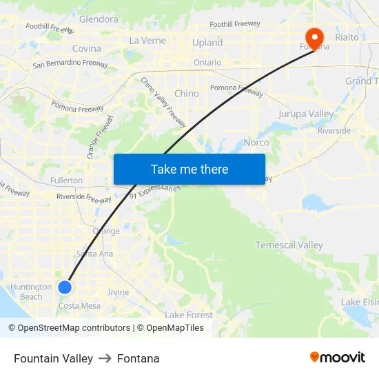 Fountain Valley to Fontana map