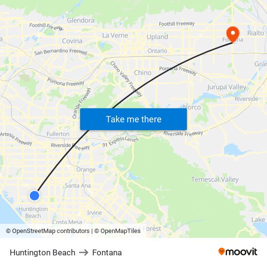 Huntington Beach to Fontana map