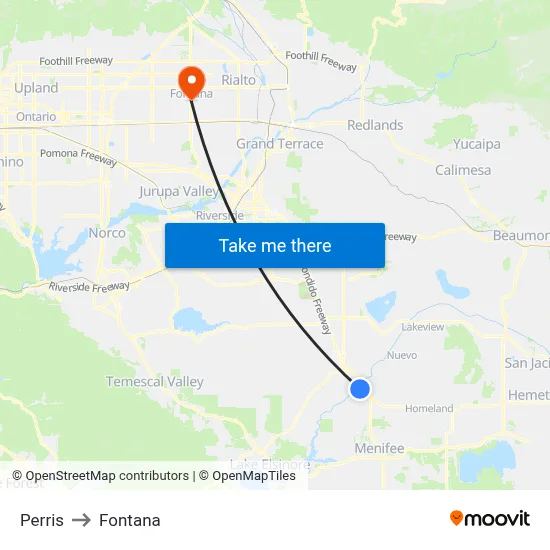 Perris to Fontana map