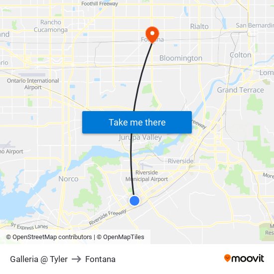 Galleria @ Tyler to Fontana map