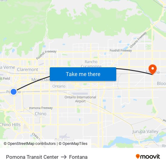 Pomona Transit Center to Fontana map