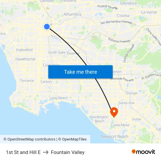 1st St and Hill E to Fountain Valley map