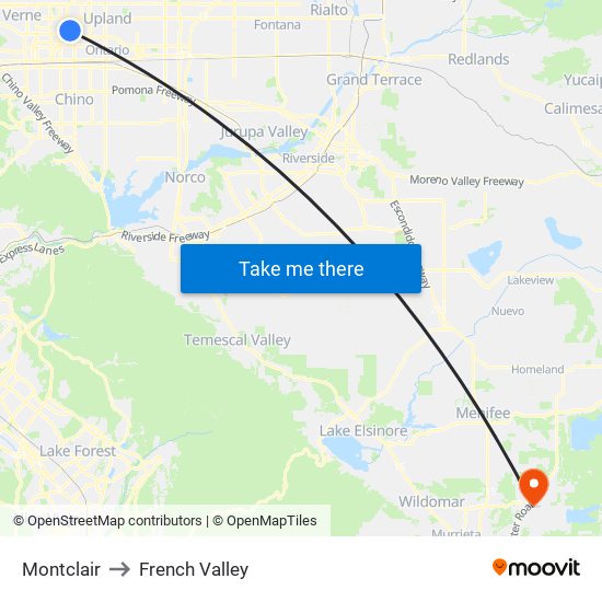 Montclair to French Valley map