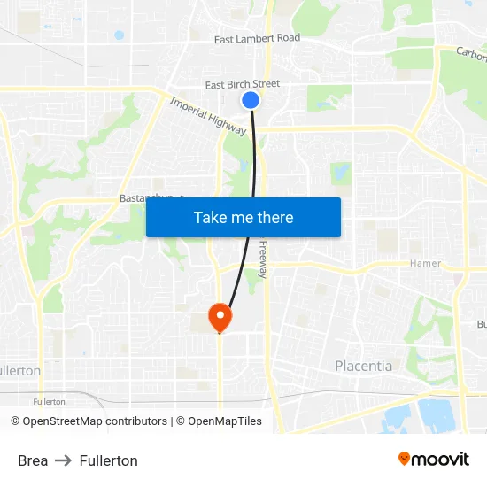 Brea to Fullerton map