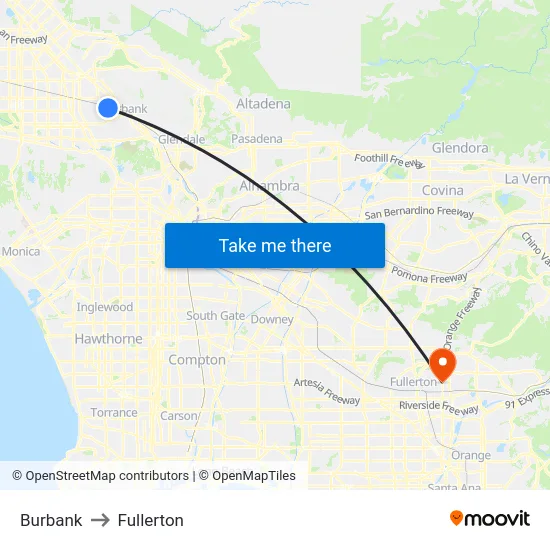 Burbank to Fullerton map