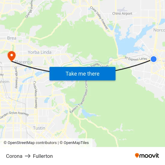 Corona to Fullerton map