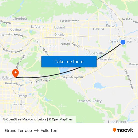 Grand Terrace to Fullerton map