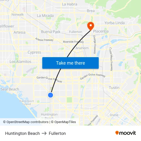 Huntington Beach to Fullerton map