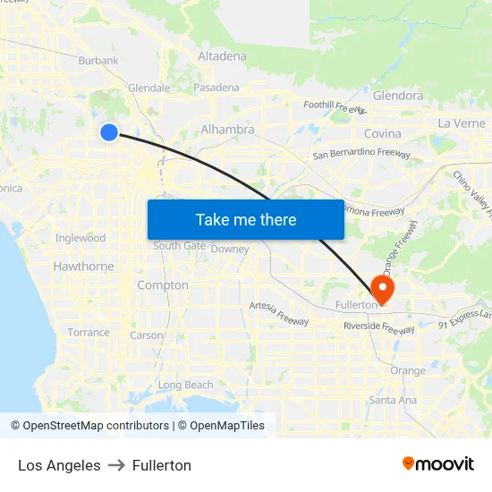 Los Angeles to Fullerton map
