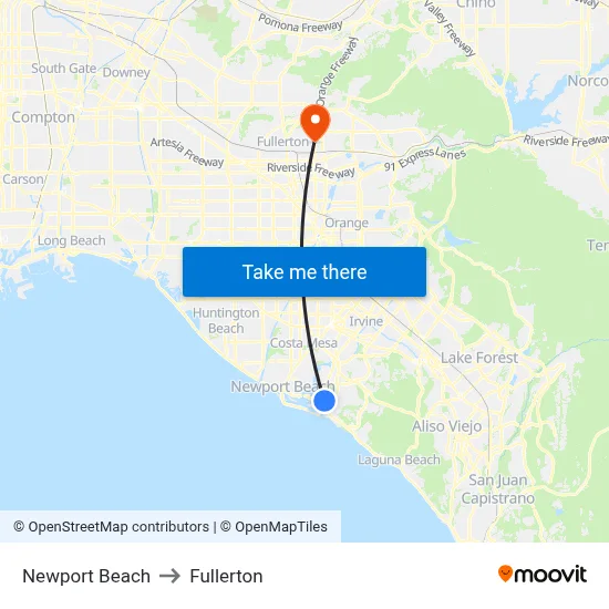 Newport Beach to Fullerton map